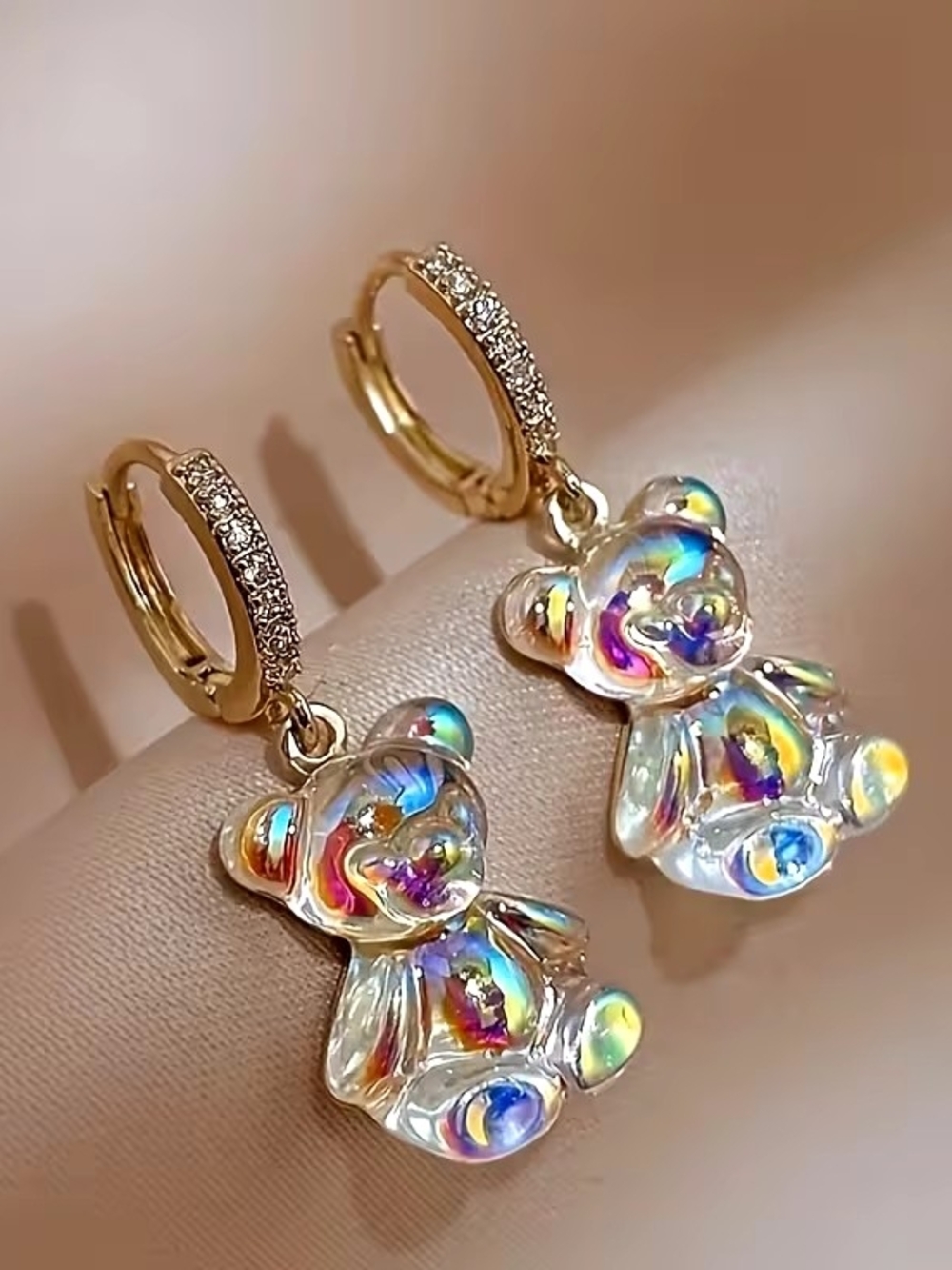 Gold Hoop Earrings with Iridescent Teddy Bear Charm - Women Jewelry